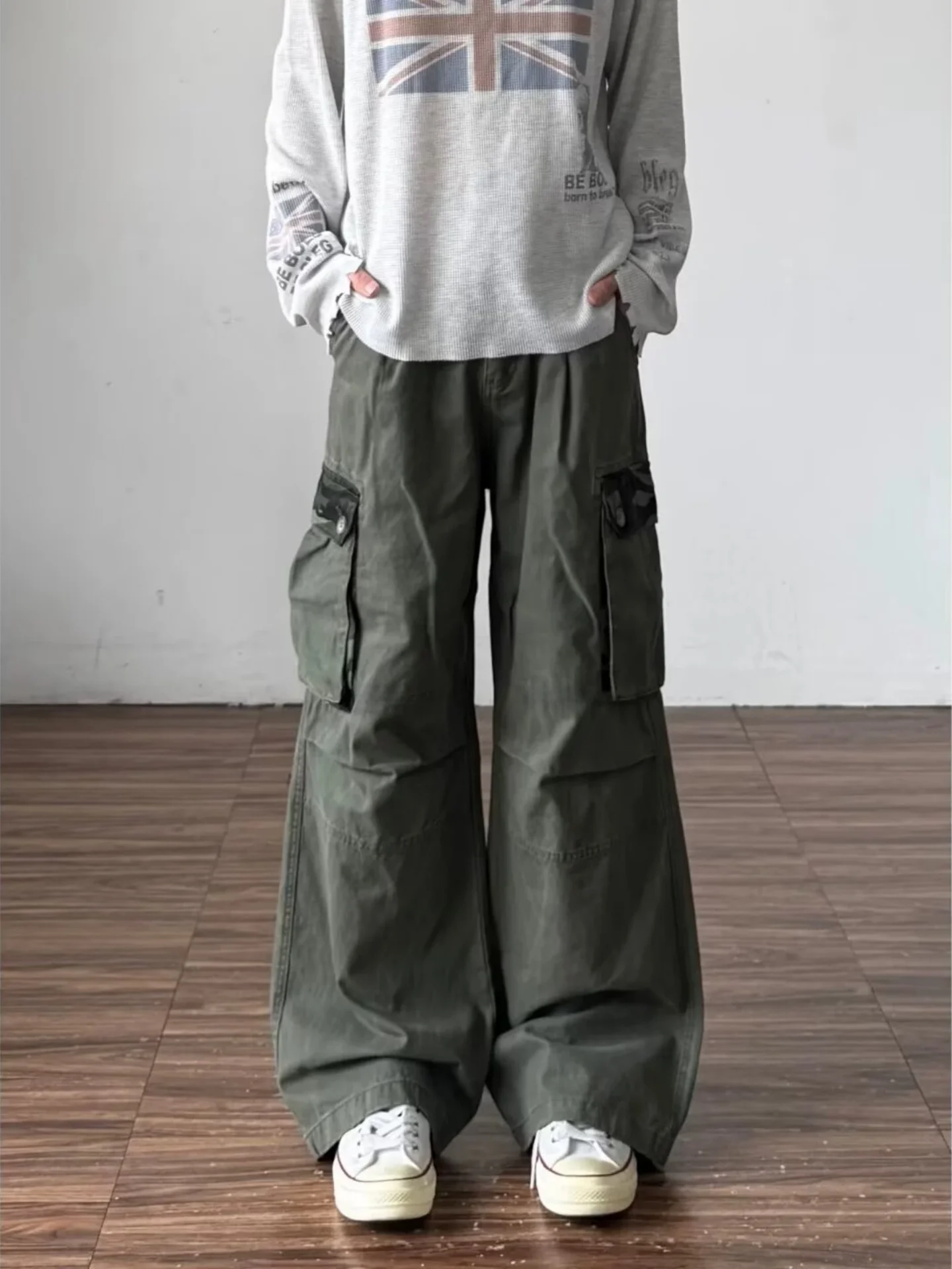 American Style Camouflage Patchwork Straight Leg Work Pants Men's Loose Wide Leg Casual Long Trousers Unisex Washed Jeans