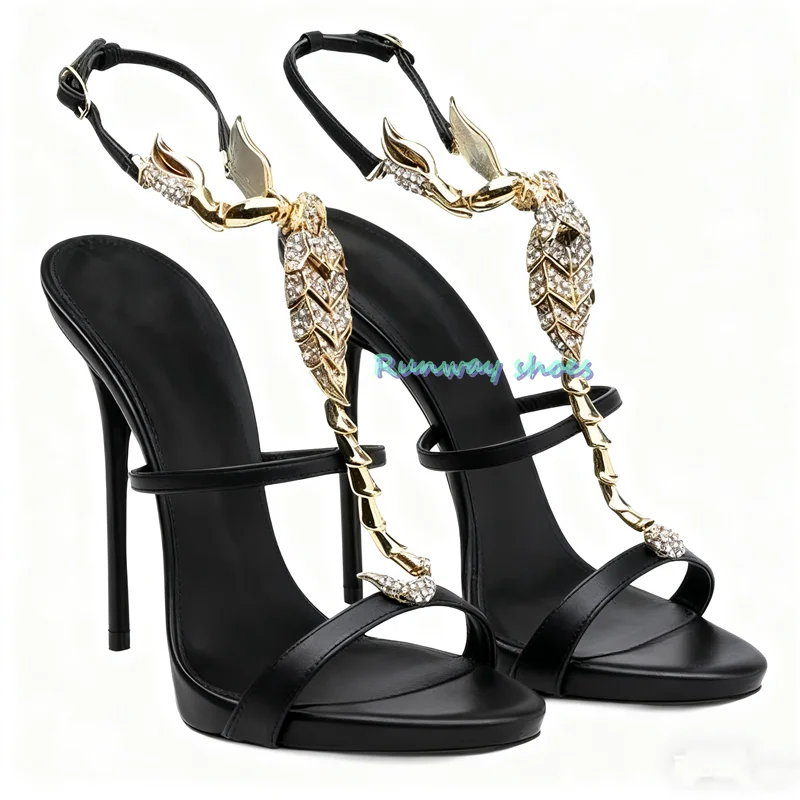 Shoes With Unusual Shapes Metal Decoration High-Heeled Sandals  Fashion ShowStage Shoes Luxury Sandal Black Roman Sandals