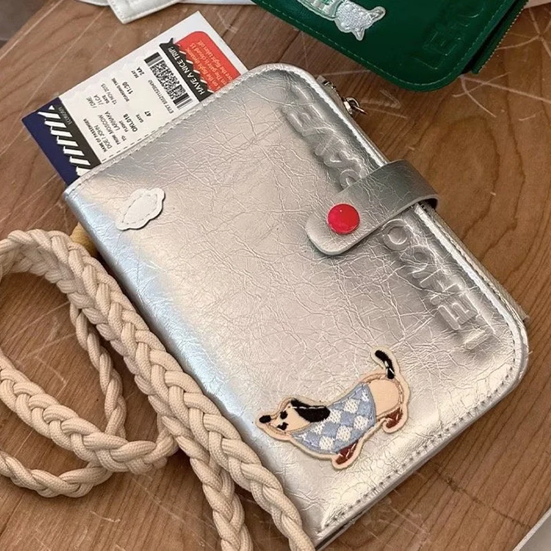 Cute Dachshund Embroidery Passport Wallet With Lanyard Multifunctional Travel Card Holder PU Leather Neckhanging Purse Organizer