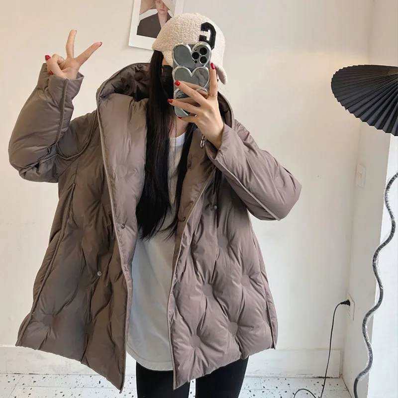 

Women White Duck Down Jacket with Hood Warm Autumn Winter Argyle Outwear Solid Color Luxurious A-lined Coat 2024 New