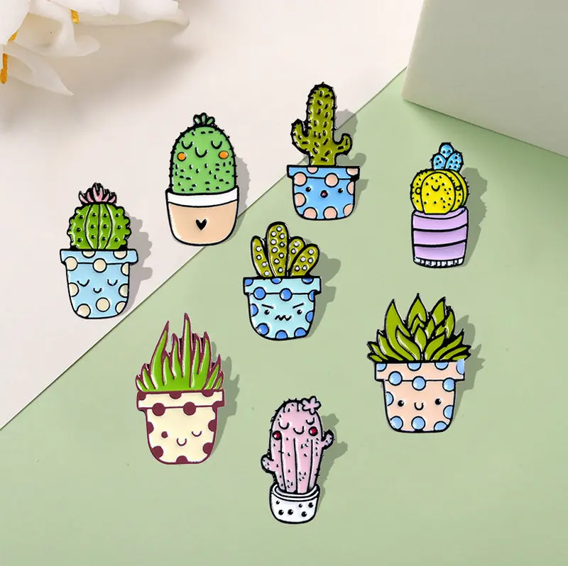 Emaille Pins Benutzerdefinierte Kaktus Aloe Broschen Anstecknadel Hemd Tasche Cartoon Abzeichen Naturschmuck Geschenk Kinder Freunde 8 Stile Topfpflanze