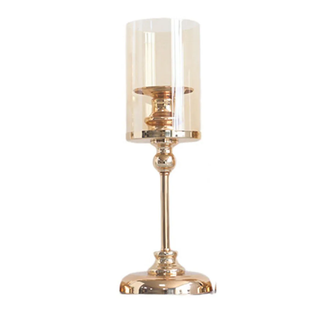 Nordic Romantic Candlestick Home Retro Candlelight Dinner Prop Lamp Gold Candle Holders W/Glass Candle Cover For Wedding Decor
