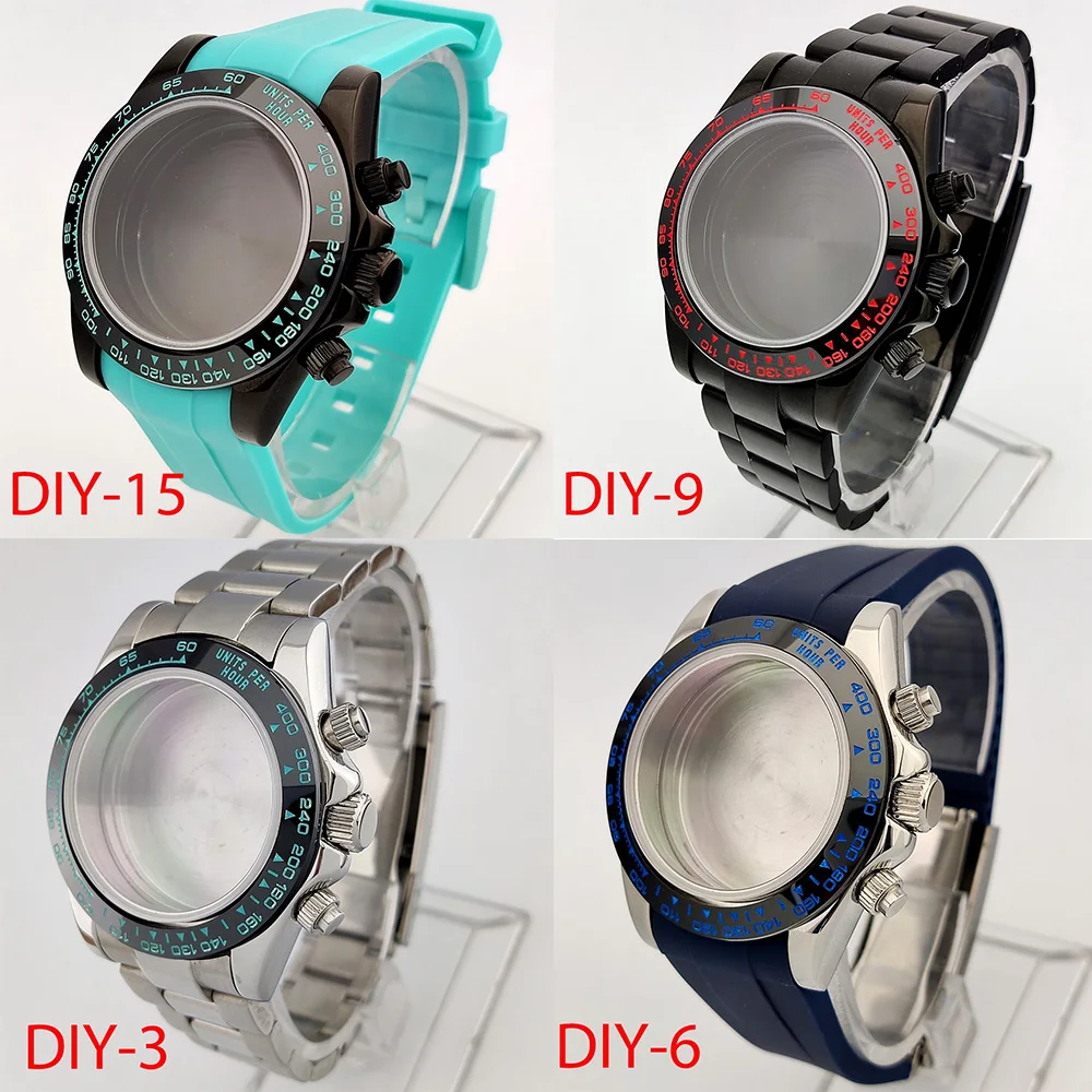 Watch case 39.3mm Stainless Steel Case Parts With Ceramic Black Bezel VK63 Quartz Movement Men\'s Watch Accessories