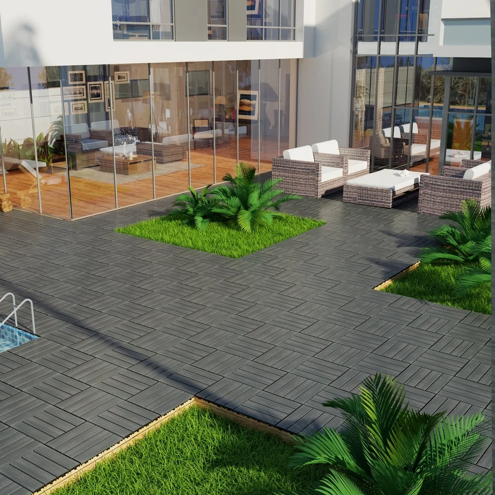 11 قطعة بلاط سطح السفينة المتشابكة في الهواء الطلق WPC الأرضيات سهلة التركيب DIY بها بنفسك تركيب مقاوم للماء دائم لغز تصميم الباحات شرفات #4