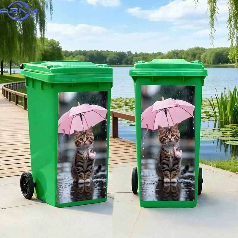 2D 1PC1pc of Trash Can Sticker with a Theme Design of a Little Cat Holding an Umbrella in The Rain. Self-Adhesive Wall Decorat