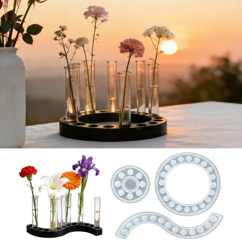 Silicone DIY Craft Molds – Multi-Use Flower Test Tube Holder, Vase, Tray & Candlestick Mold for Epoxy Resin, Plaster & Cement