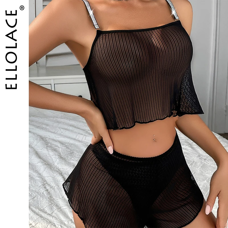 

Ellolace Sexy Female Lingerie Shiny Rhinestone Straps 3PCS Mesh Set Sensual Sheer Sleepwear Pure Desire Women's Underwear