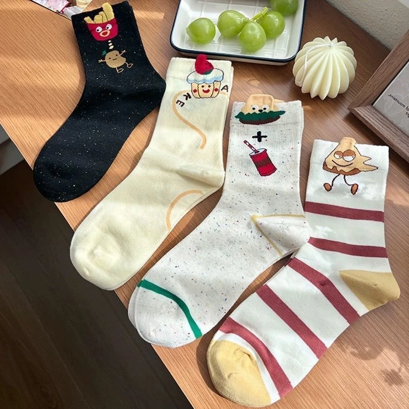 4 Pairs Kawai French Fries Hamburger Sock Women's Comfortabe Mid-tube Socks Cute Cartoon Ins Red Striped Funny Stockings Lovely