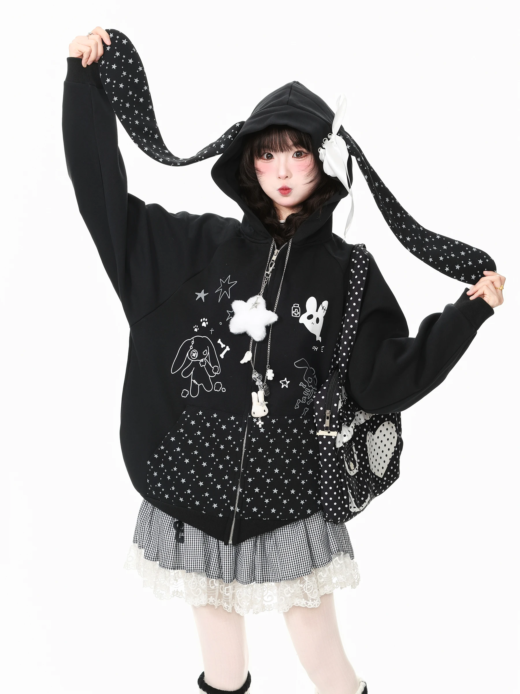 Languid Park Blue Ghost Rabbit Ear Hooded Jacket Women's Autumn  Knot Cute Top Casual Style Standard Fit Long Sleeve...