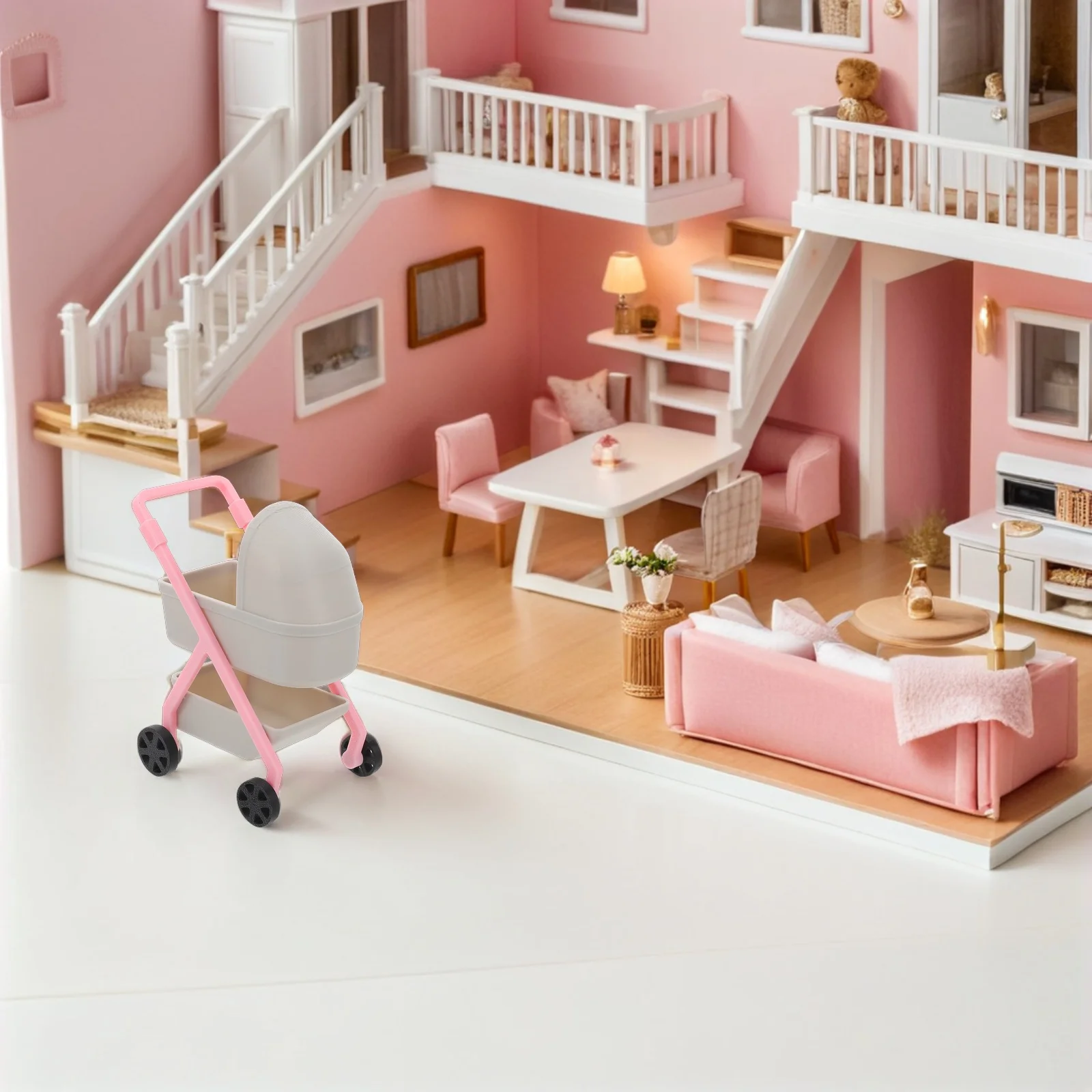 ミニチュア 1:12 ベビーカー 高シミュレーション プラスチック製ベビーカー 想像力豊かな遊び クリエイティブな子供の活動 ドールハウス家具
