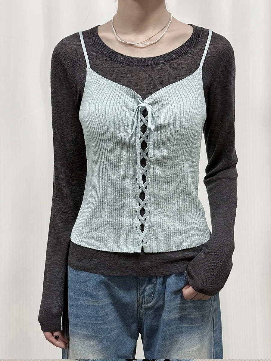 

Thin Cross-Banded Layered Knitted Top Women's Slimming Long Sve T-irt Sli Spring Faion for Young Women 8-24