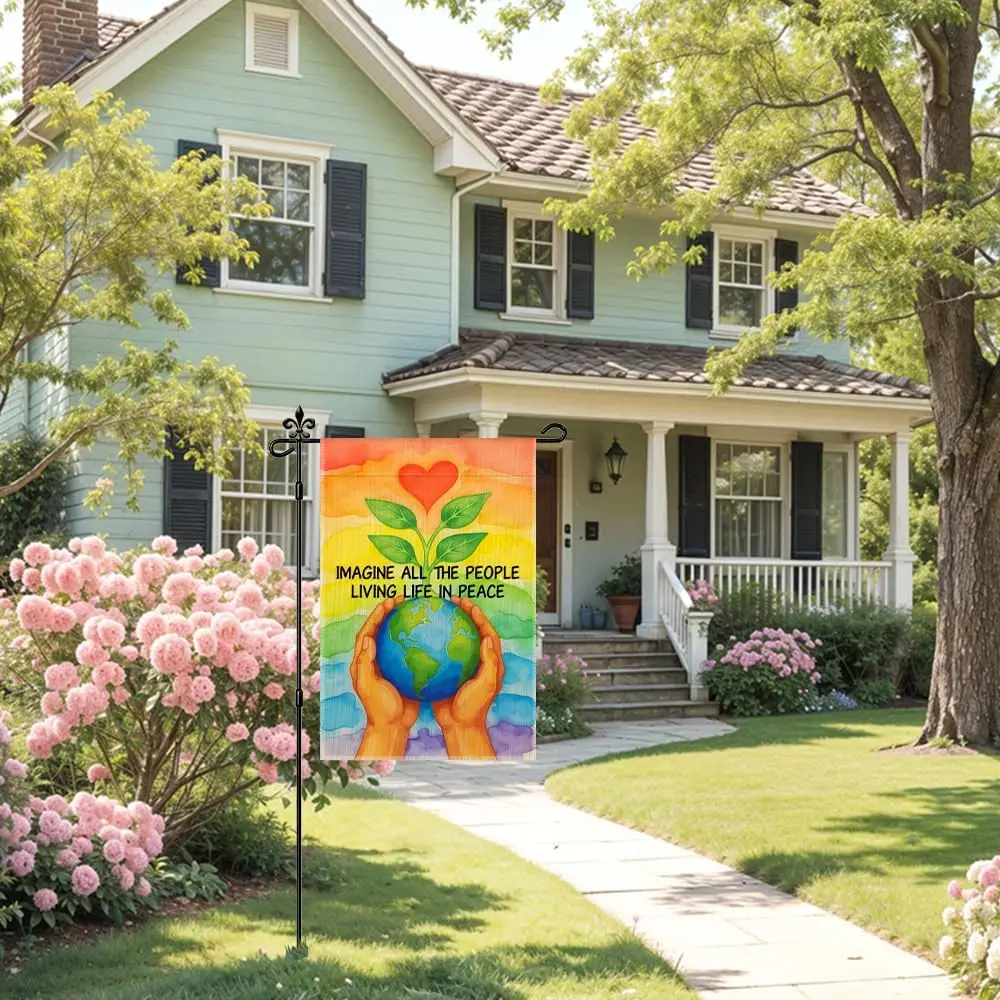 Imagine All The People Living Life In Peace Garden Flag Double Sided Yard Outdoor Decoration 12x18 Inch, Rainbow Earth Yard  FFL