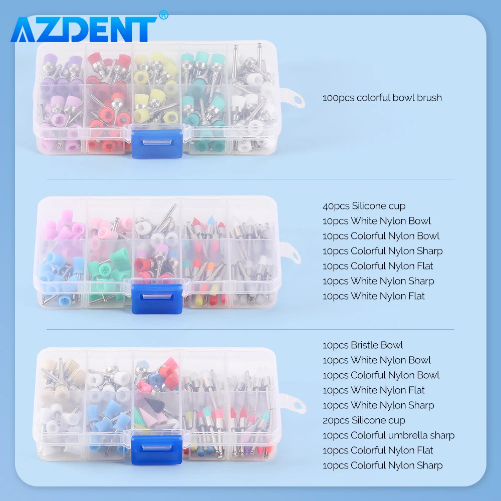 100pcs/Box AZDENT Dental Polishing Brush Colorful Silicone Cup Umbrella Sharp Flat Brushes Nylon Polisher for Contra Angle