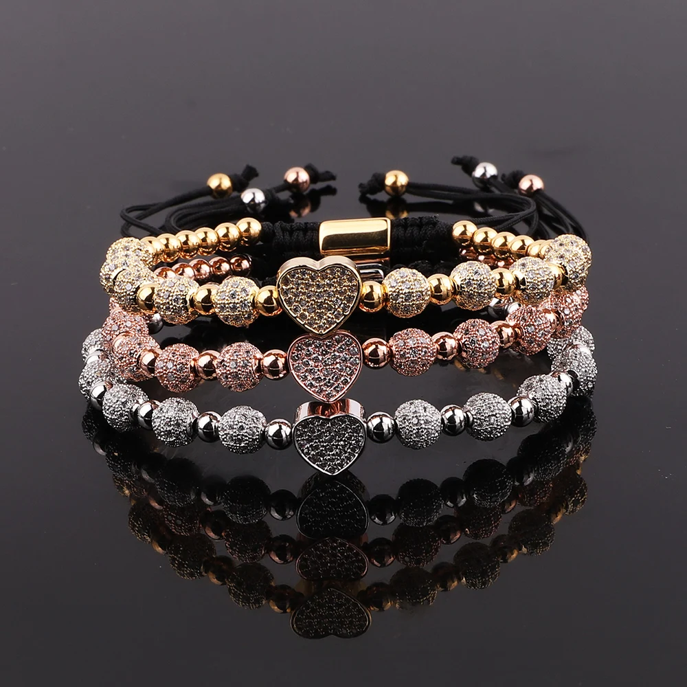 New Luxury CZ Pave Heart Love Charm Stainless Steel Beads Custom Macrame Bracelet For Women Jewelry Gift