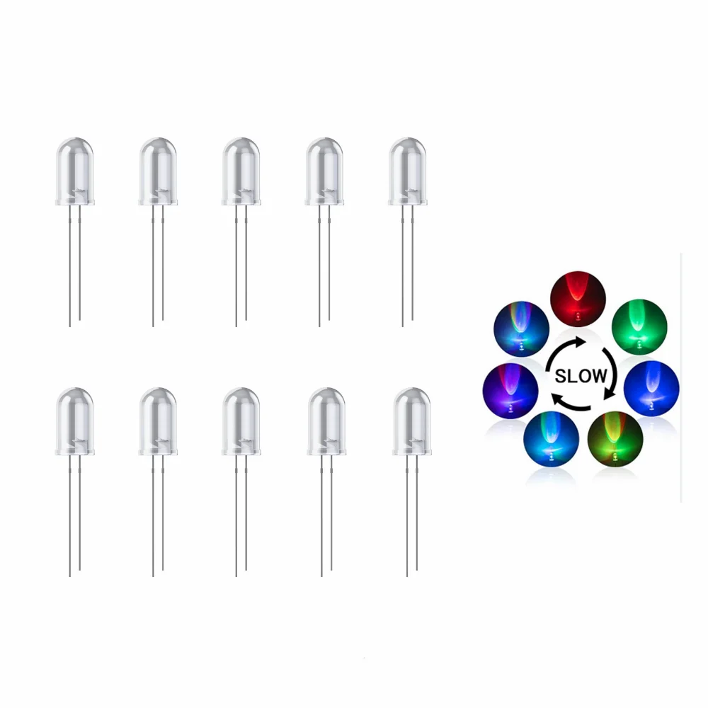 10PCS 8mm LED Diode Transparent Round Diffuse Flash Lamps Multicolor RGB Fast/Slow Flashing Super Bright Light Emitting Diodes