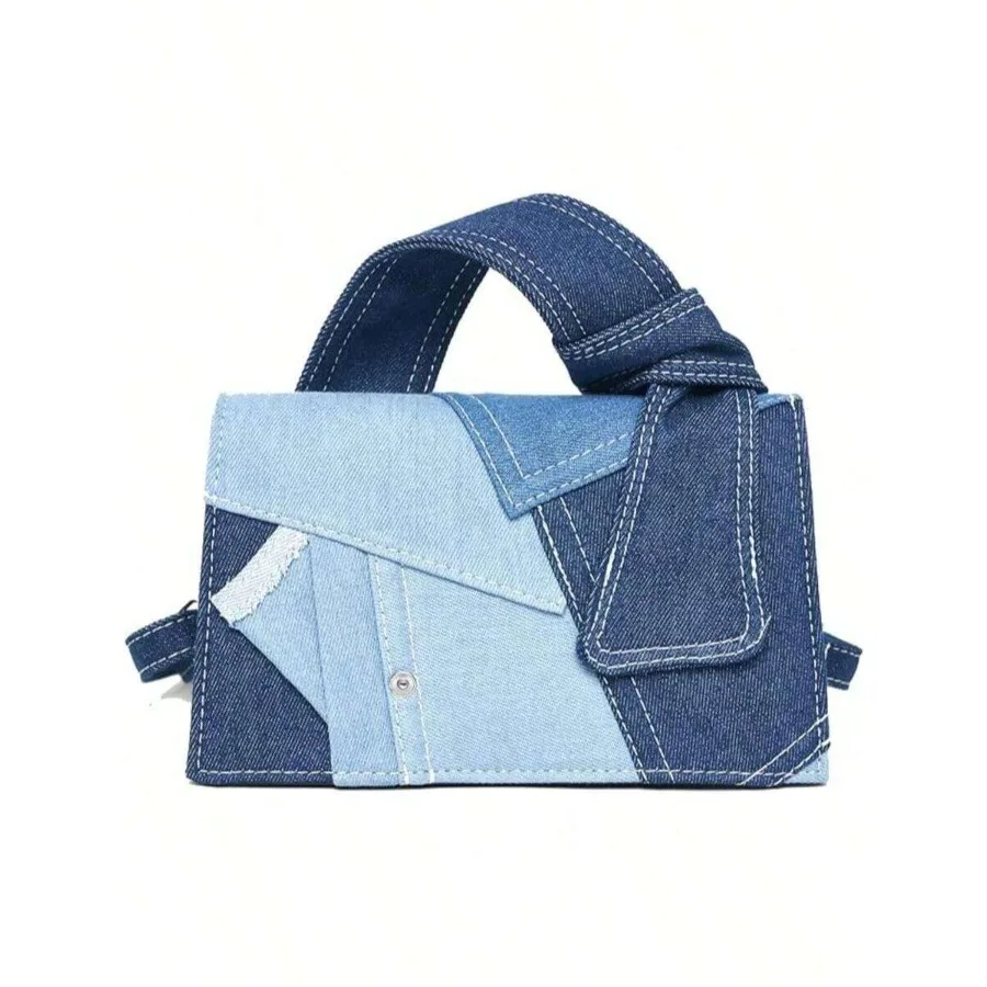 Small Blue Jean Purse Women's Y2K Patchwork Square Chic Canvas Crossbody Bag Frayed Edge Knot Handle Streetwear Handbag Daily C