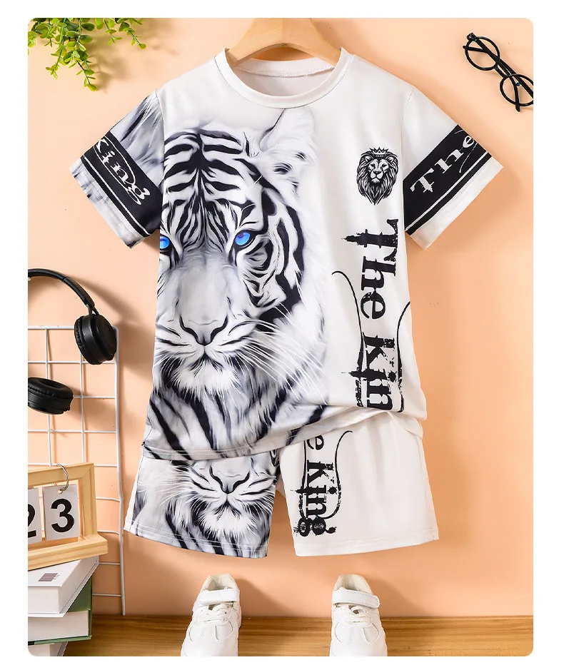 Two Piece Set 2025 Popular Boys Humorous Fashion Series 3D Animals Printed Casual Clothing Short Sleeved Shorts Set Tiger Lion