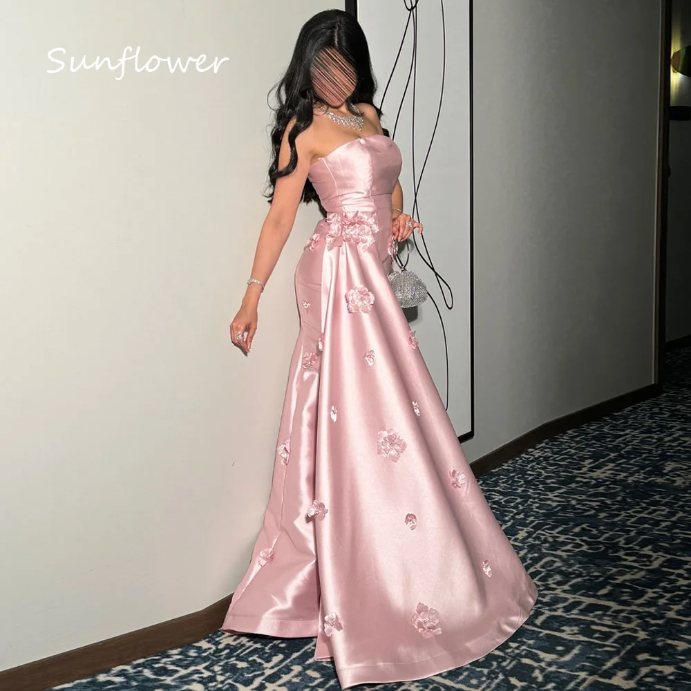 Sunflower Simple Pink Strapless 3D Flowers Prom dress 2024 Slim Backless Sleeveless Floor-Length Evening Dress Party Dress