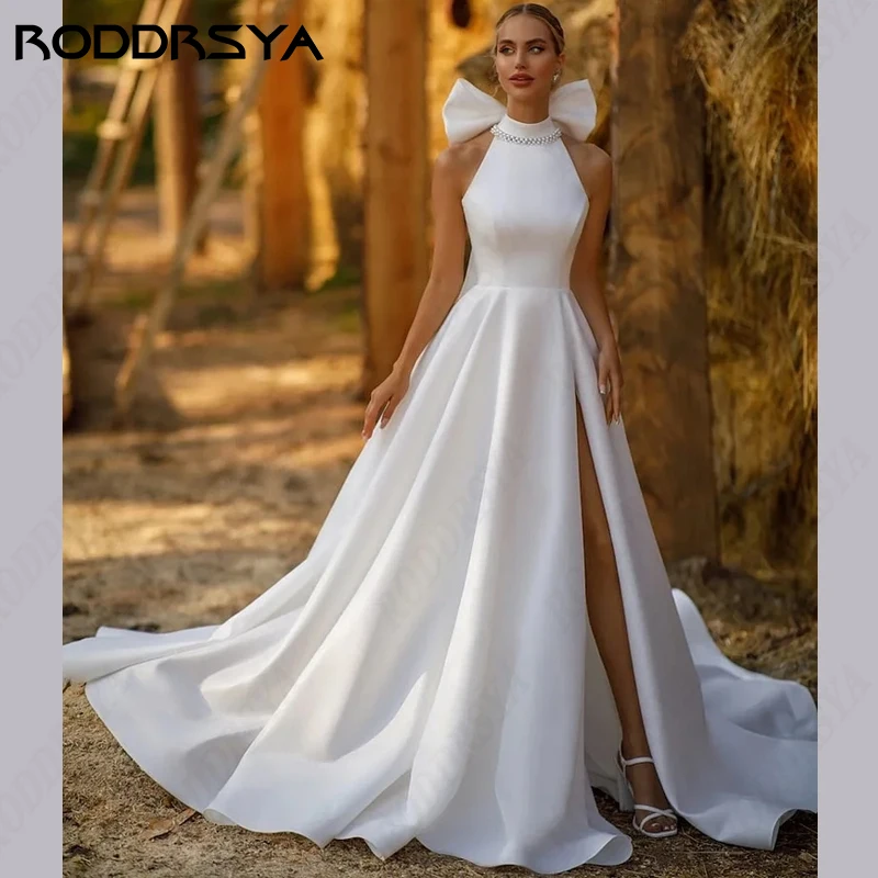 

RODDRSYA A-Line Satin Wedding Dresses Sexy Split Halter Sleeveless Suknia ślubna Elegant Bow Backless Bridal Party Sweep Train