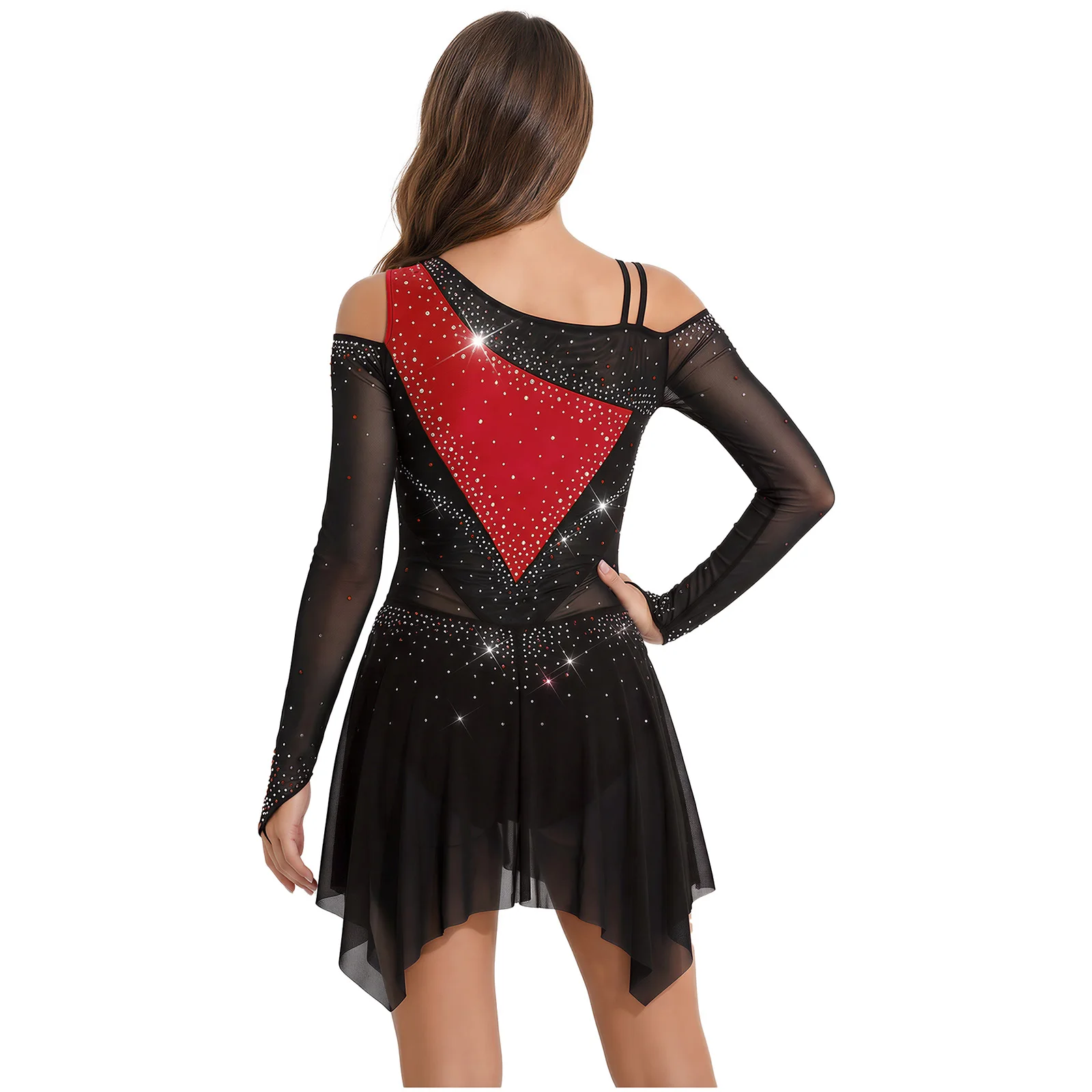 女性フィギュアスケートダンスドレス非対称ショルダー長袖不規則なティアードメッシュ裾レオタードドレス叙情的なダンスウェア