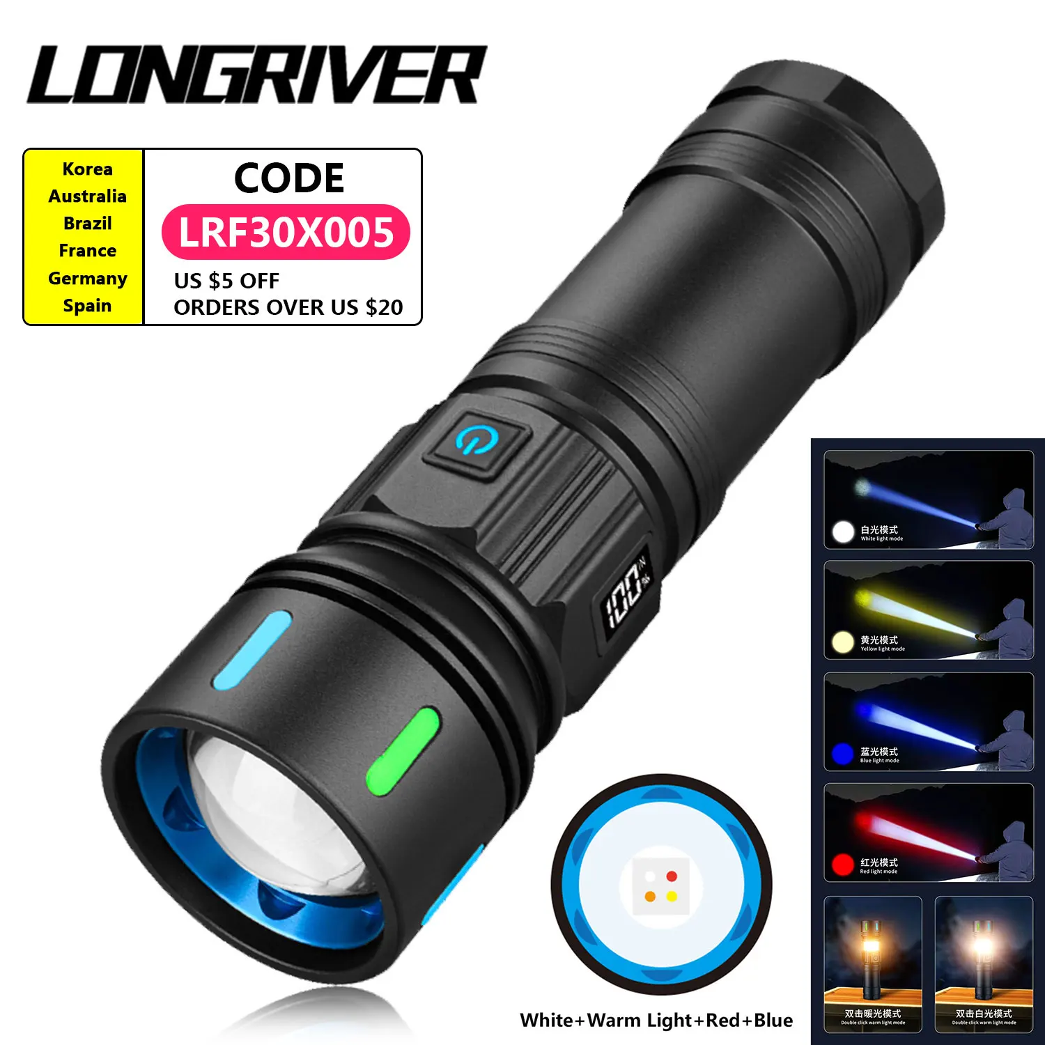 

LONGRIVER XC-902 4 Light Sources Flashlight Powerful 2200LM Flashlights Rechargeable Zoom Fishing Light with Camping Side Light