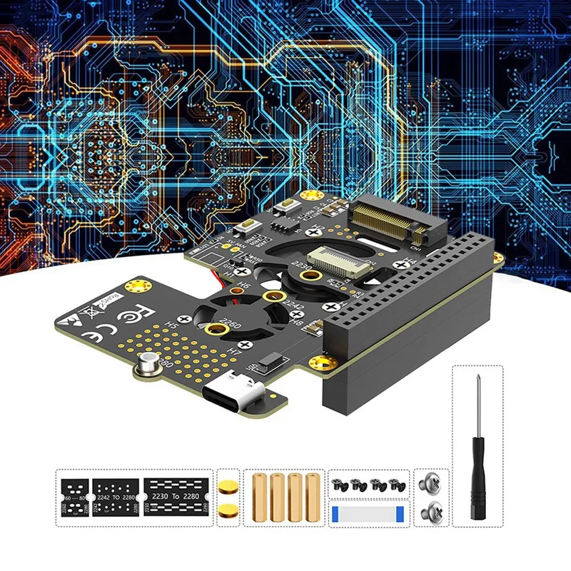 Untuk Raspberry Pi 5 Pcie To M.2 Nvme SSD HAT 3In1 dengan Dual Fan Gen2 Gen3 untuk 2230 2242 2260 2280 M.2 m-key Nvme SSD