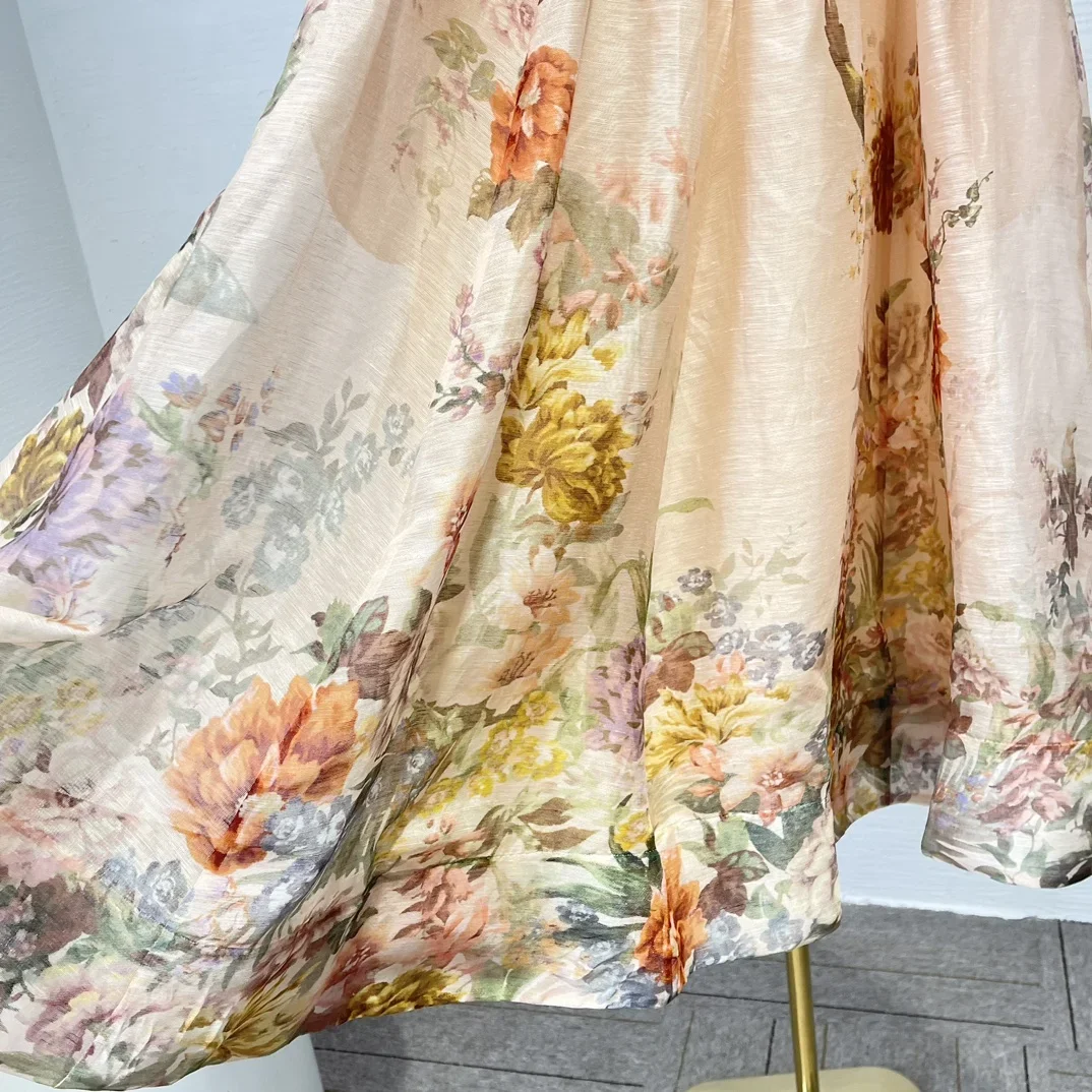 

Black Floral Print Long Sleeve Blouse Tops and Skirt Set 2025 Linen Silk