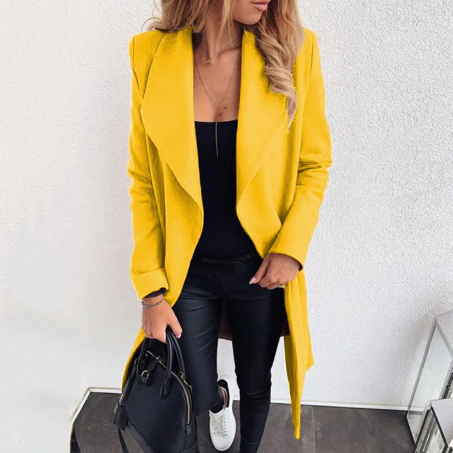 Spring Autumn Women's Casual Coat Temperament Fashion Pocket Strap Lapel Solid Color Woolen New Jacket for Female