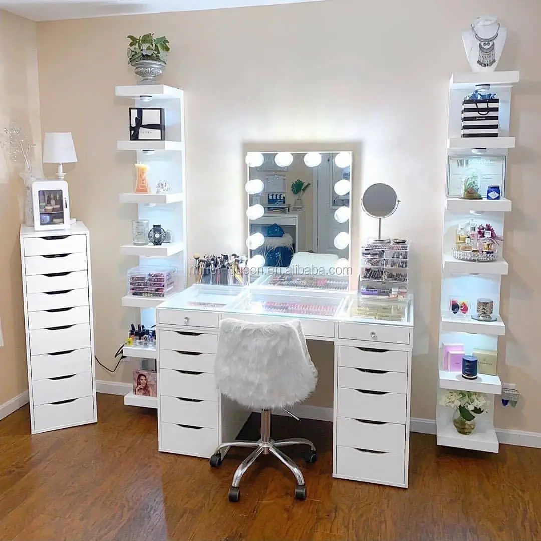 

Makeup Vanity Desk White Vanity Set with LED Mirror Hidden Shelves Ample Storage Cabinet Dressing Table Vanity Factory