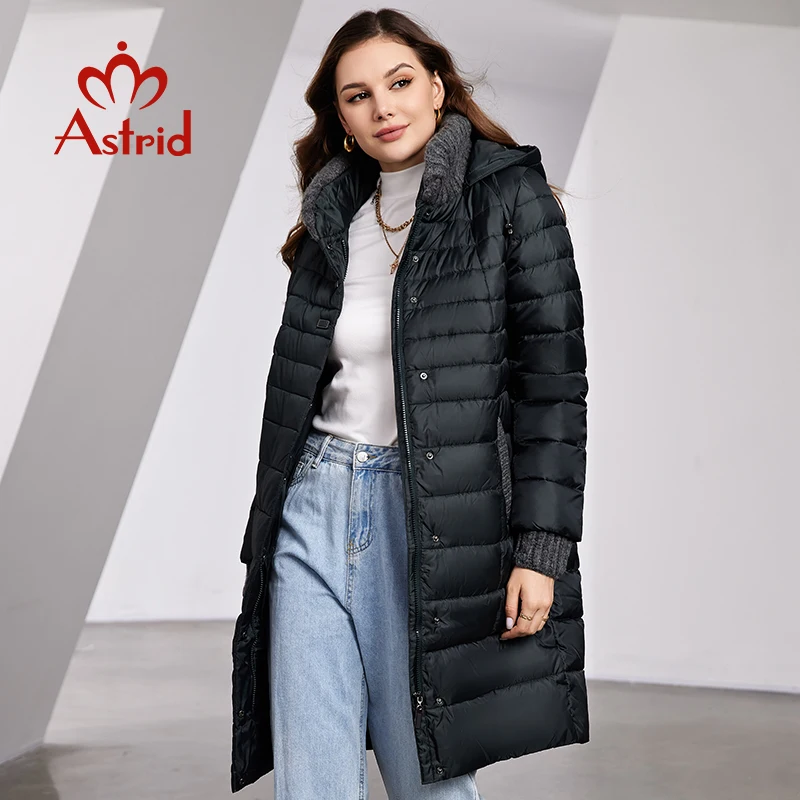 Astrid Women\'s Winter Jacket Hooded Fashion Knitted Wool Spliced Design Belt Long Parkas Warm Thick Padding Puffer Quilted Coat