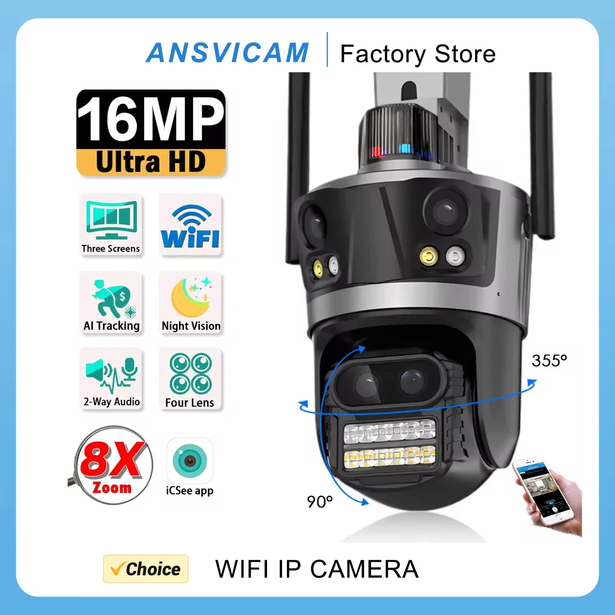 camera de seguranca ptz exterior sem fio 8k 16mp zoom 8x visao de 360 graus four lens wifi solucao cctv com icsee app 01