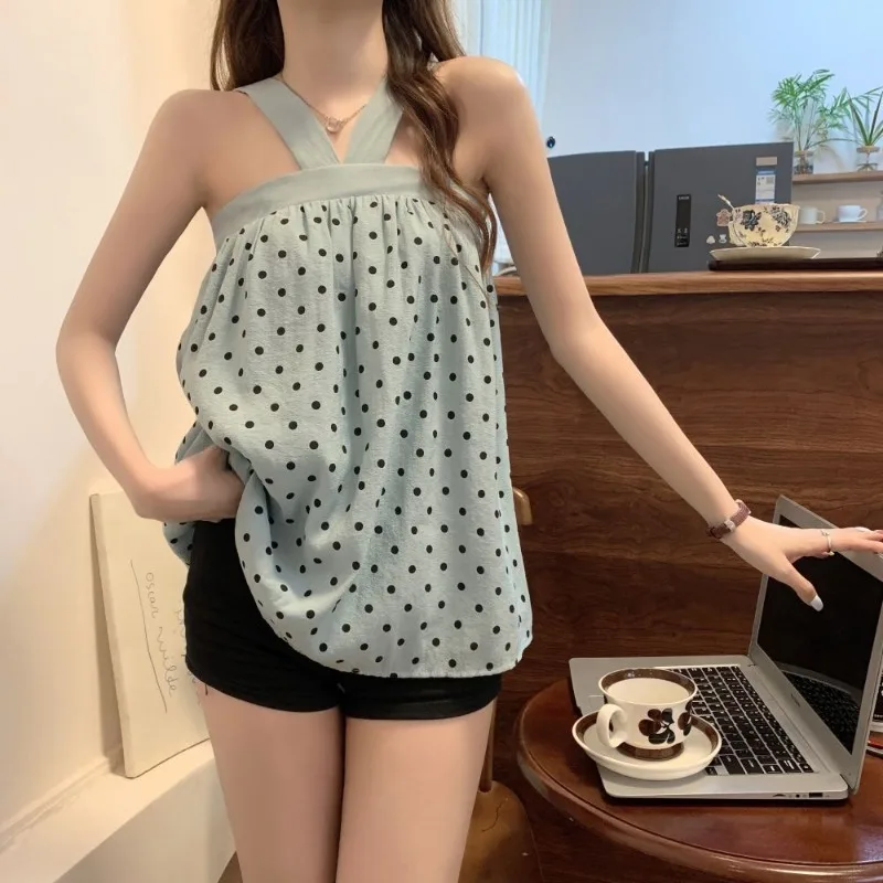 Office Lady Summer Women\'s Clothing Halter Polka Dot Printing Pullover Sleeveless Contrast Color Casual T-shirt All-match Tops