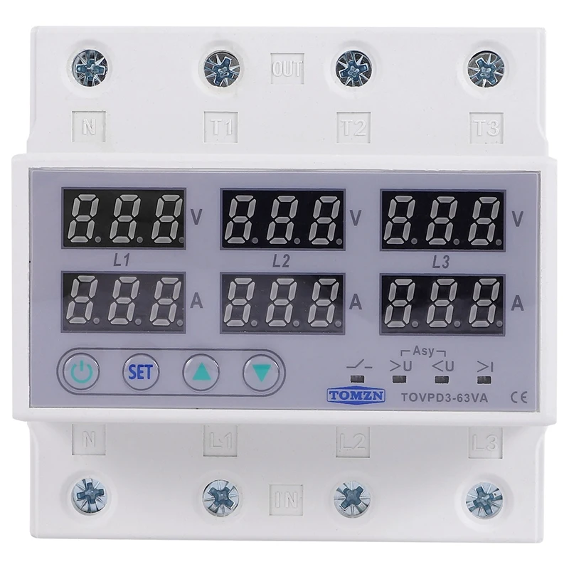 

Din Rail 3 Phase Voltage Relay 380V Voltmeter Ammeter Over And Under Voltage Monitor Relays Protector Adjust Current 63A