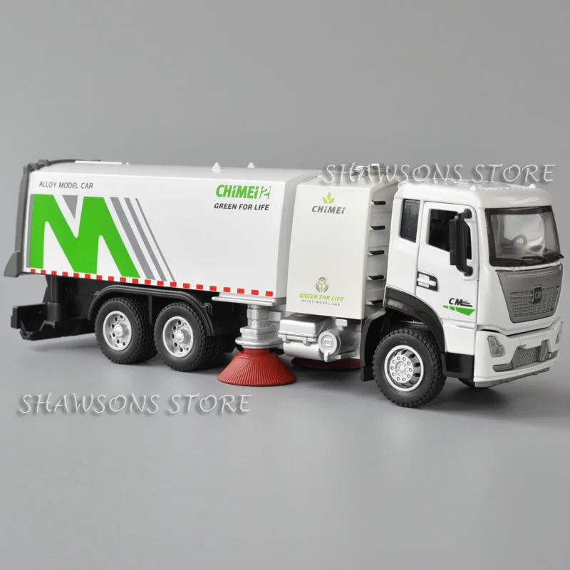 

1:43 Scale Diecast Sanitation Vehicle Model Toy Garbage Cleaning Sweeper Truck Miniature Replica Pull Back With Sound & Light