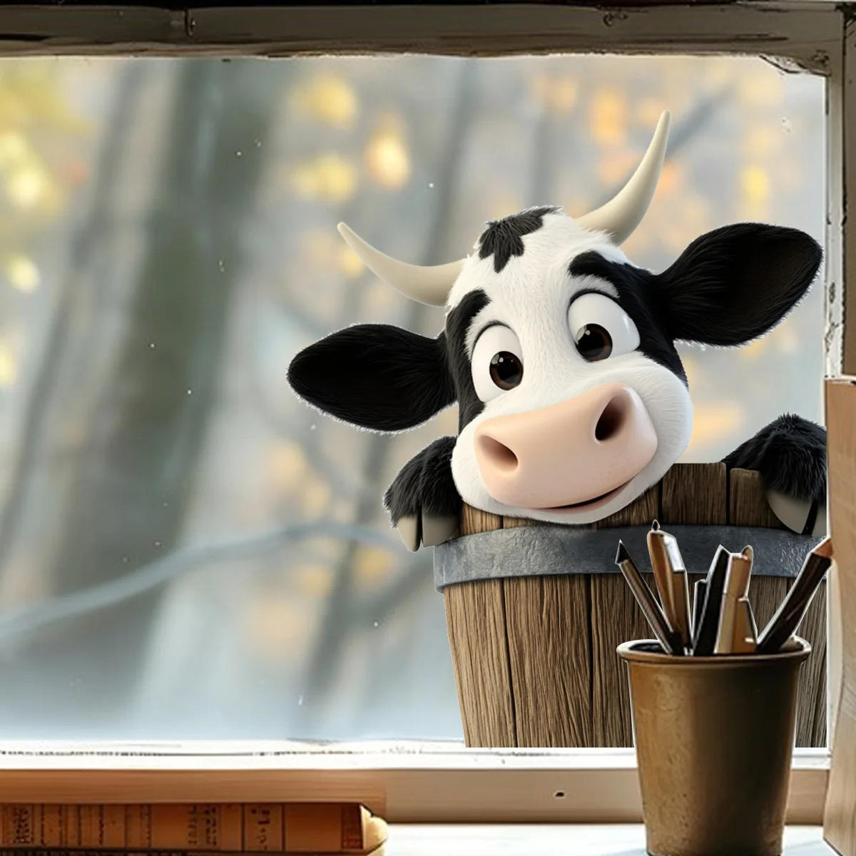 Cute Cartoon Cow Window Wall Decals, Removable Peeking Cow Stickers, Farmhouse Decor for Kids Room Kitchen