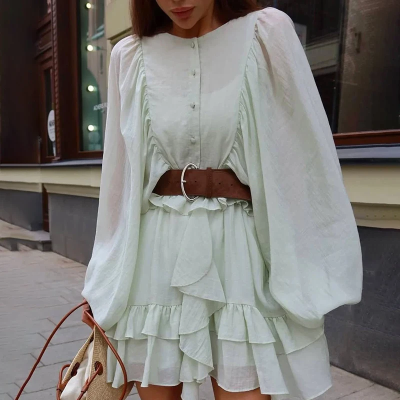 Ticketsx elegante em camadas mini vestido feminino moda manga longa ver através de babados roupa único breasted vestido de festa de verão