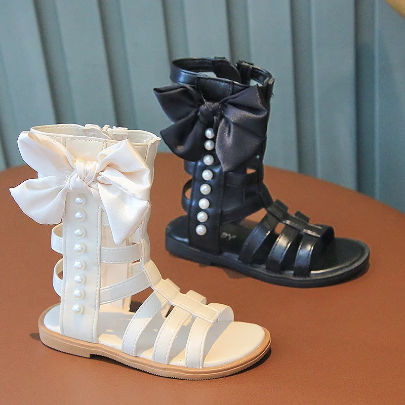 Children's Sandals 2024 Summer New Fashion Hollow Girl Bow Children's Roman Sandals Open Toe High Top Sandals