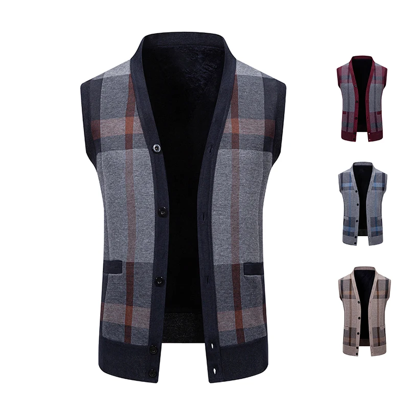 

New Mens Vest Sleeveless Sweater Cardigan V-Neck Knitted Cardigans Vests Checkered Business Casual Button Up Coat Men's Clothing
