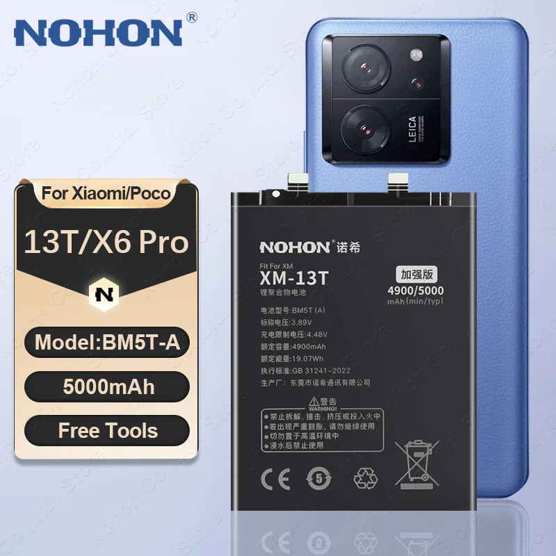 NOHON BM5T-A 5000mAh Phone Battery for Xiaomi Poco X6 Pro / Mi 13T Mi13T Replacement Lithium Polymer Batteries Bateria