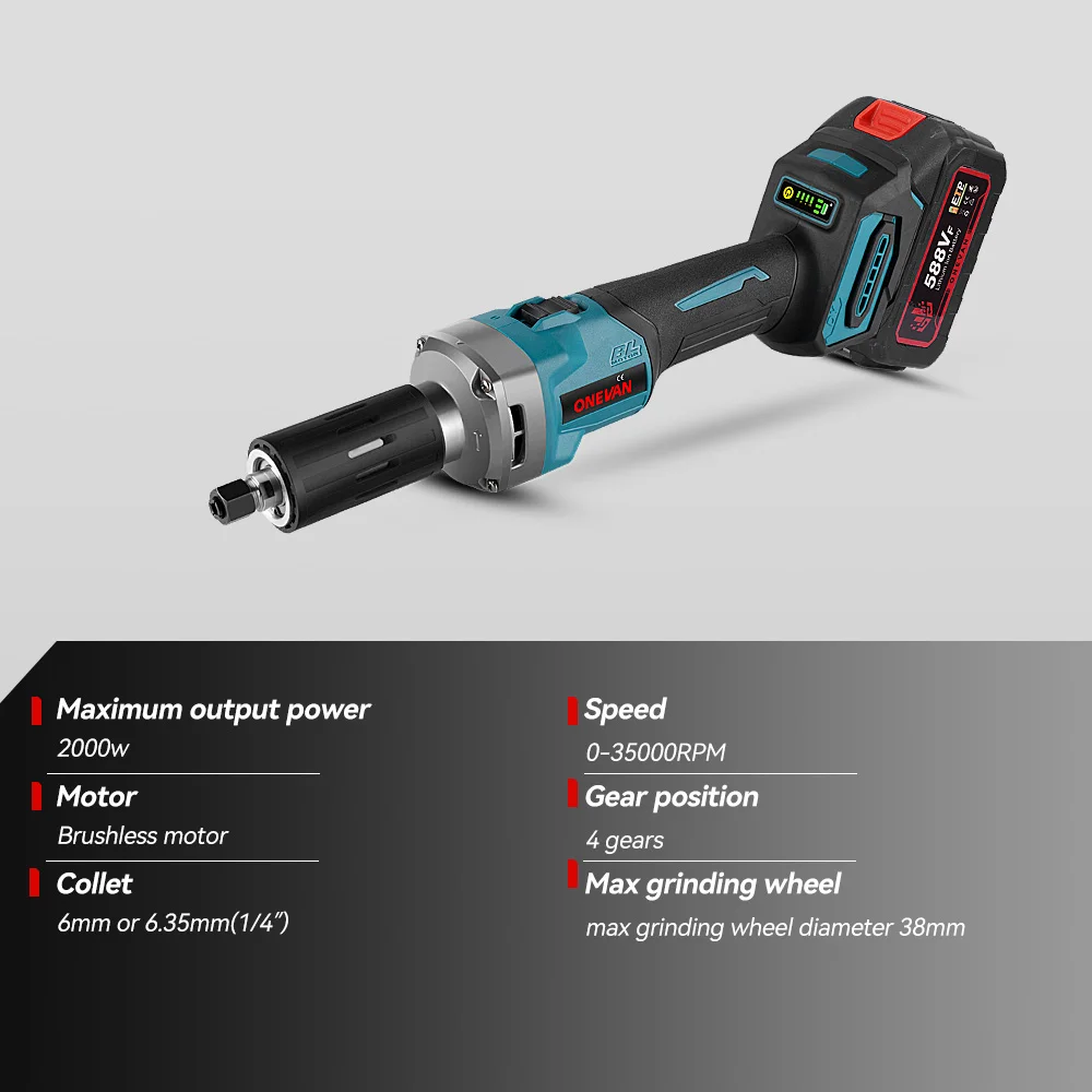 ONEVAN-Meuleuse électrique sans balais, 35000 tr/min, 2000W, 6mm, sans fil, vitesse variable, outils à distance pour batterie Makita 18V