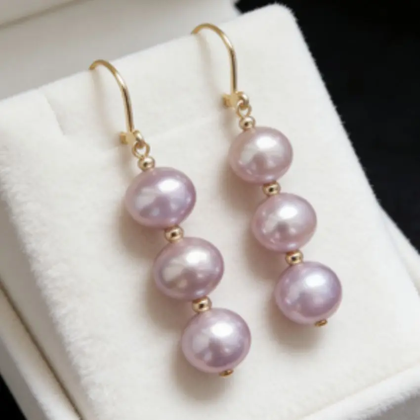 9-10mm Natural purple round Southsea pearl 14K gold earrings Mother\'s Day FOOL\'S DAY Wedding Beautiful Gift Accessories New Year