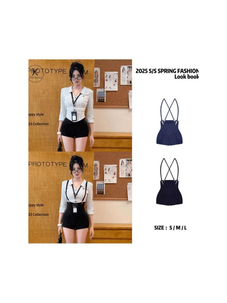 Coreano sle original listrado irt e macacão feminino faion conjunto doce e picante jovem olhar high-end sensação ort calças