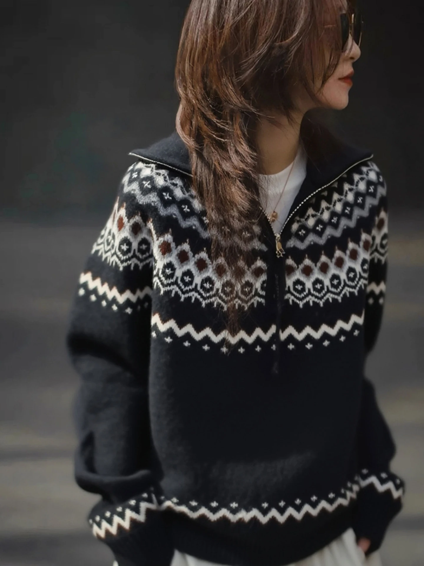 

Retro Fair Isle Knitwear Zipper Collar Embroidery Slimming Versatile Faionable Anti-aging Women's Top Winter Long Sve