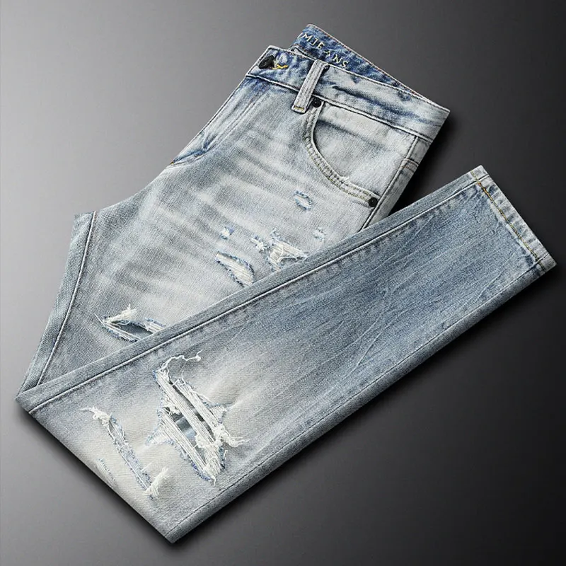 Fashionable new men's jeans, scratch washed, nostalgic, stretchy, slim fit, light blue jeans, designer hip-hop brand pants, Homb