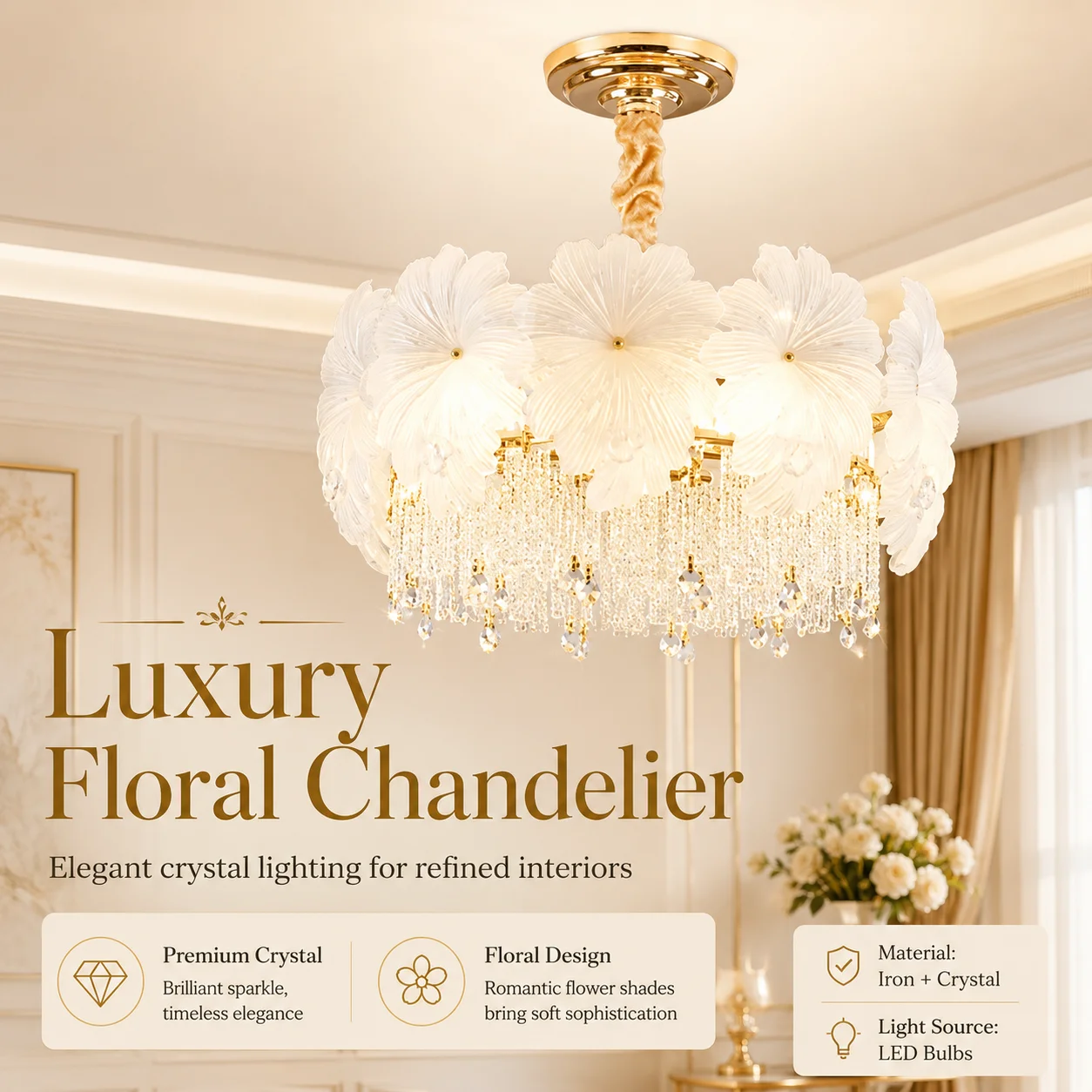 

French-style luxury crystal chandelier; main living room light; cream-colored minimalist dining room and bedroom lighting