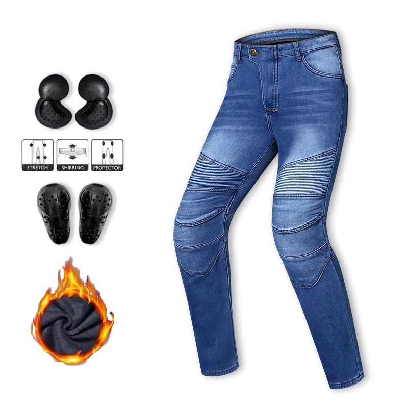 

Winter Warm Motorcycle Pants Blue elasticity Jeans Built-in Knee Protection Men Motorbike Trousers Thickened for Riding Safety