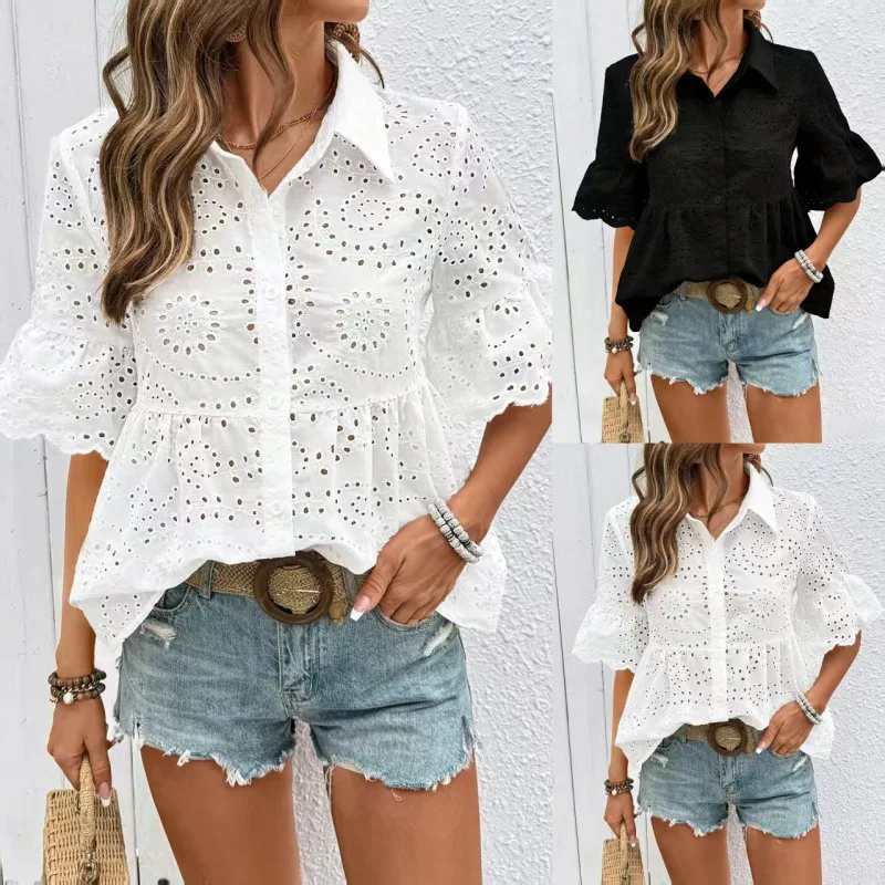 

Women Shirt Summer Tops European and American Lapel Hollow Embroidery Women's Short Sleeve Shirt Casual Top