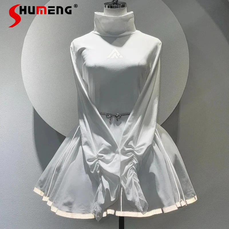 

Mechanical Ballet Style Futuristic High Neck Reflective Pleated Long Sleeves Dress Japanese Rojita White High-waisted Vestidos