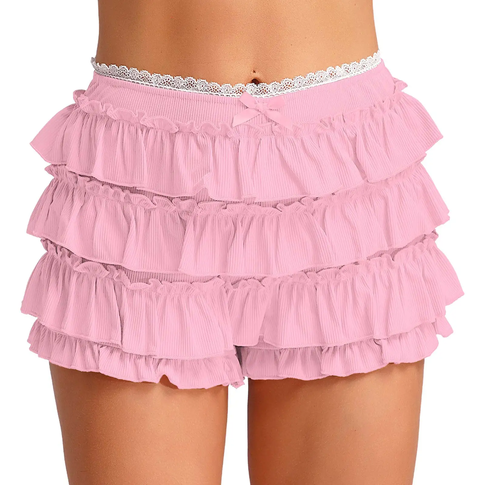 

Women Lolita Bloomers Pumpkin Fresh Color Pajamas Short Sleepwear Tiered High Waist Lace Trim Ruffle Mini Shorts Cute Pettipants