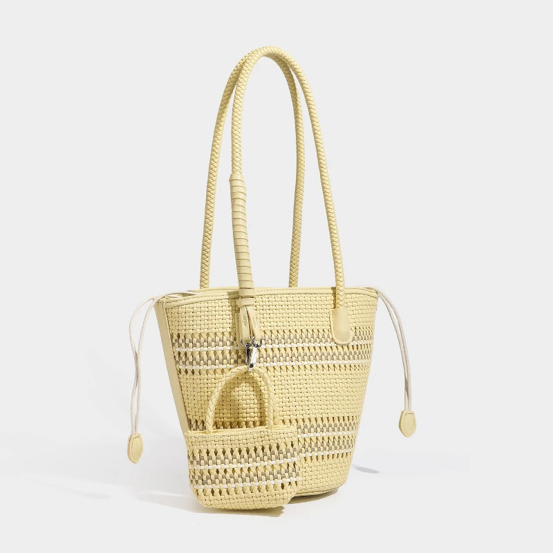 Rattan-Geflecht-Marktkorb-Schultertasche mit passender Geldbörse, handgefertigte gewebte Einkaufstasche für Damen, elegante Tragetasche – Detail 23